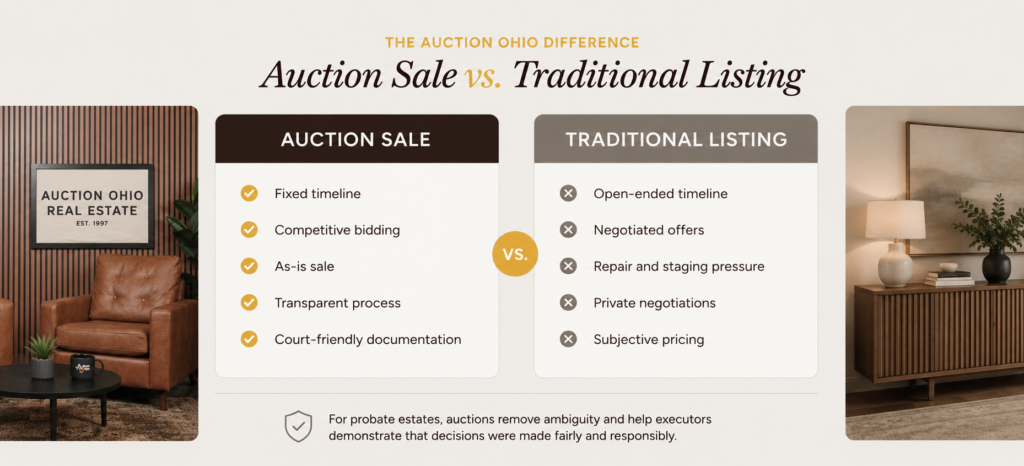 Auction sale vs traditional listing comparison infographic