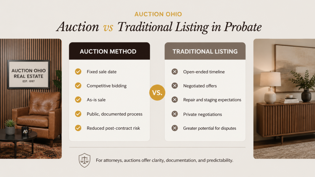 Auction vs traditional probate listing comparison infographic